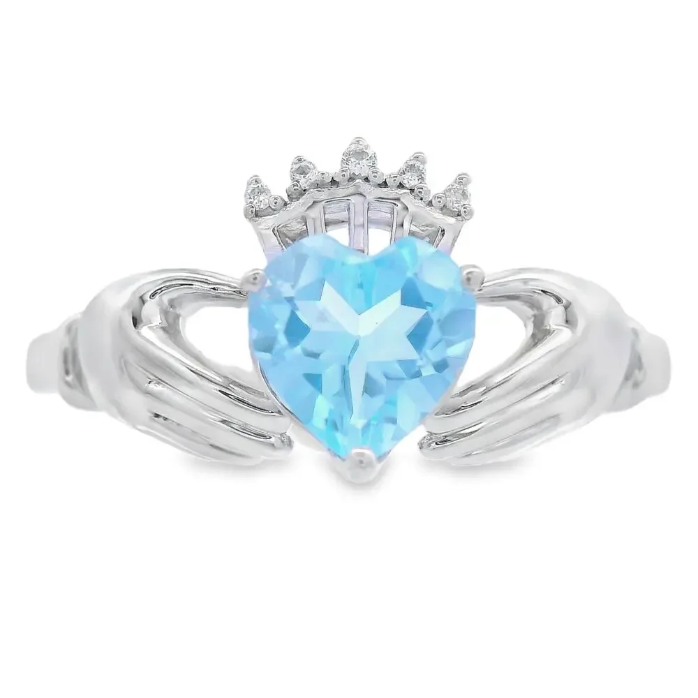 Blue Topaz Diamond Claddagh Ring 925 Sterling Silver Size 7 Love Loyalty Crown